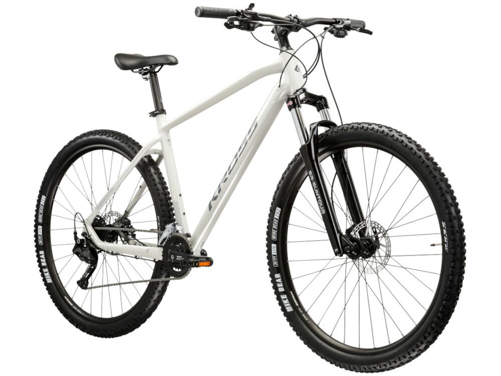 Rower górski MTB KROSS Hexagon 5.0 M17 27.5 cala męski Szary rower na białym tle widoczny od przodu pod skosem środek codziennego transportu relaks pasja uniwersalność