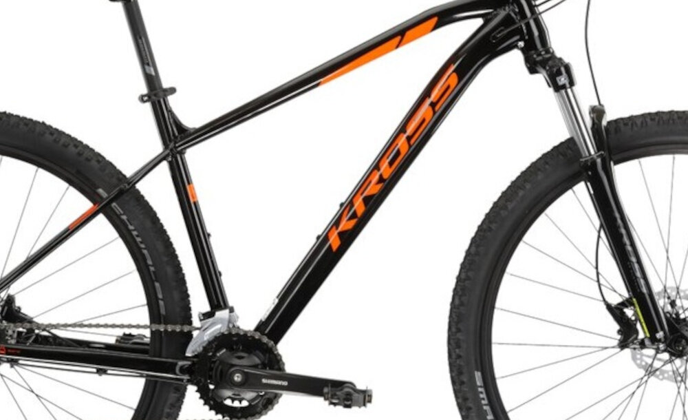Rower górski MTB KROSS Level 1.0 M17 29 cali męski Czarno-pomarańczowy zbliżenie na ramę 17-calowa aluminiowa ramę rower zwinny lekki łatwo go podnieść odporność na korozję wybór rozmiaru ramy Twój wzrost mierzony w zrelaksowanej pozycji typ roweru dla osób o wzroście od 172 do 180 cm