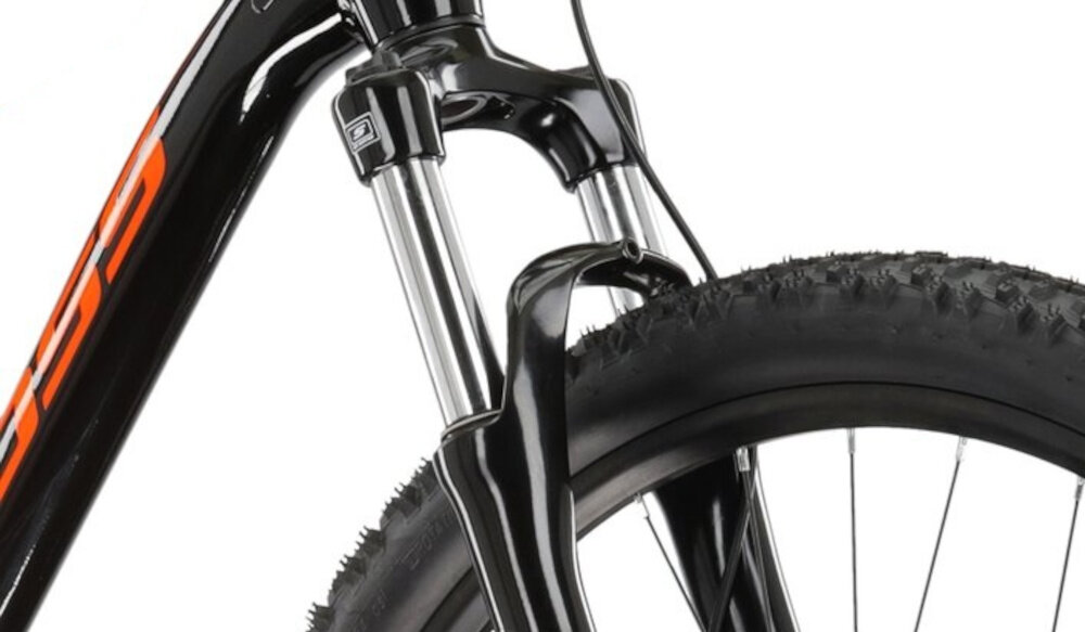Rower górski MTB KROSS Level 1.0 M17 29 cali męski Czarno-pomarańczowy zbliżenie na amortyzator rower typu hardtail przedni amortyzator marki SR SUNTOUR typu XCT30 ułatwia najeżdżanie na przeszkody niweluje wstrząsy niska masa roweru duża sztywność regulacja za pomocą sprężyny obsługa poprzez pokręteł na goleni