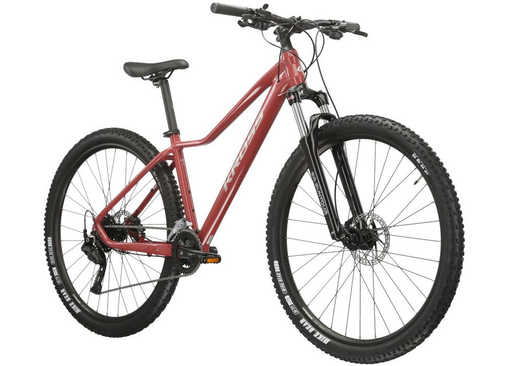 Rower górski MTB KROSS Lea 5.0 D14 27.5 cala damski Bordowy rower na białym tle widoczny od przodu pod skosem środek codziennego transportu relaks pasja uniwersalność