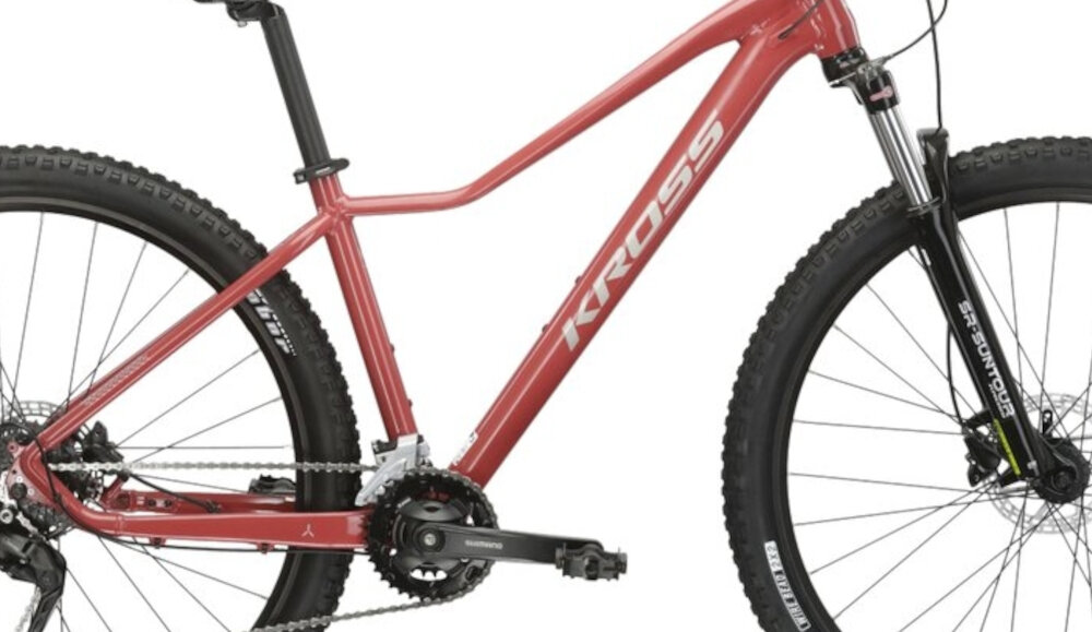 Rower górski MTB KROSS Lea 5.0 D14 27.5 cala damski Bordowy zbliżenie na ramę 14-calowa aluminiowa ramę rower zwinny lekki łatwo go podnieść odporność na korozję wybór rozmiaru ramy Twój wzrost mierzony w zrelaksowanej pozycji typ roweru dla osób o wzroście od 140 do 152 cm