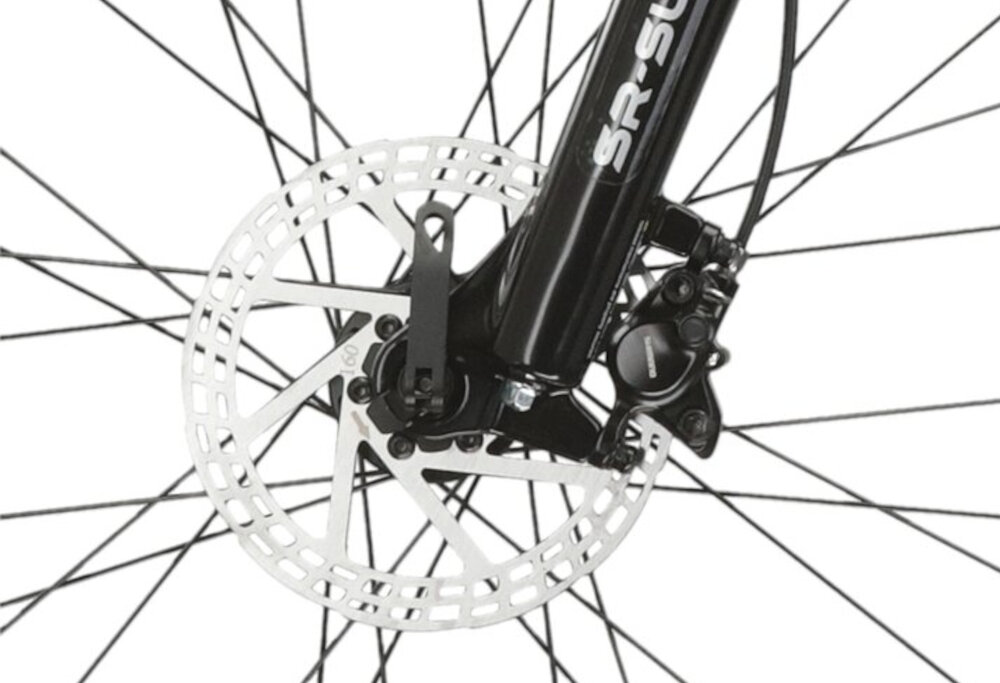 Rower górski MTB KROSS Lea 5.0 D14 27.5 cala damski Bordowy zbliżenie na hamulec podstawa bezpieczeństwa hamulce tarczowe hydrauliczne duża siła hamowania sprawdzają się w każdych warunkach pogodowych i na każdej trasie płyn hamulcowy hamulce z przodu i z tyłu podwójny pakiet bezpieczeństwa