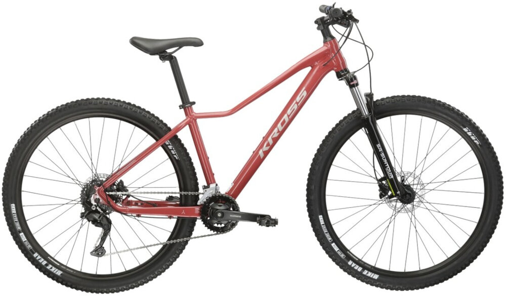 Rower górski MTB KROSS Lea 5.0 D14 27.5 cala damski Bordowy rower na białym tle widoczny z boku specjalne gwinty możliwość przymocowania uchwytu na bidon