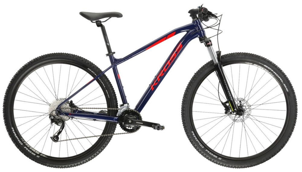 Rower górski MTB KROSS Level 2.0 M17 29 cali męski Granatowo-czerwony rower na białym tle widoczny z boku specjalne gwinty możliwość przymocowania uchwytu na bidon