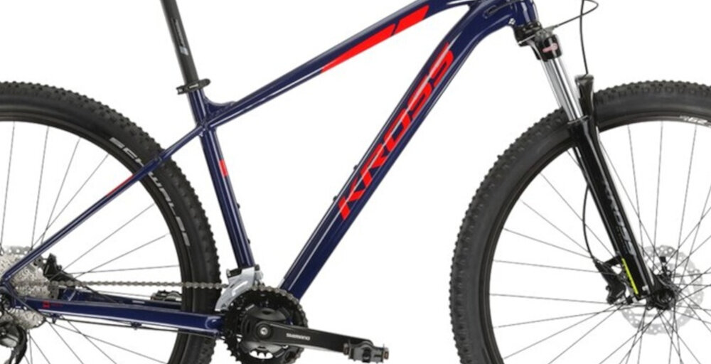 Rower górski MTB KROSS Level 2.0 M16 29 cali męski Granatowo-czerwony zbliżenie na ramę 16-calowa aluminiowa ramę rower zwinny lekki łatwo go podnieść odporność na korozję wybór rozmiaru ramy Twój wzrost mierzony w zrelaksowanej pozycji typ roweru dla osób o wzroście od 165 do 174 cm