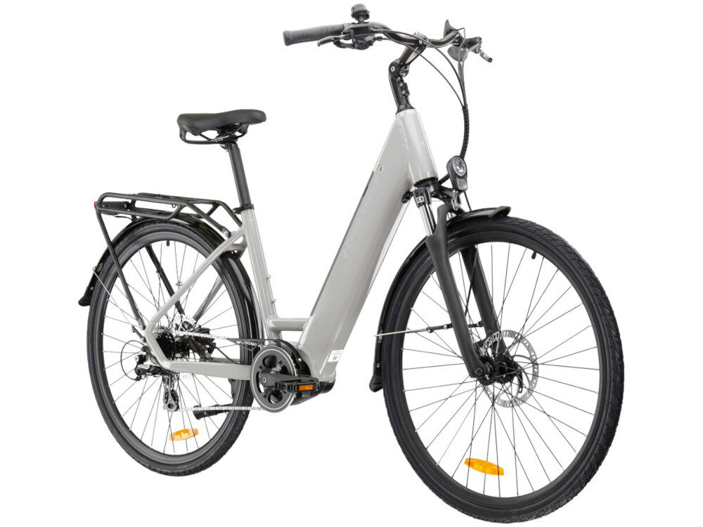 Rower elektryczny KROSS Trans Hybrid LS 2.0 U18 28 cali Szary rower na białym tle widoczny od przodu pod skosem uniwersalny środek codziennego transportu do weekendowych przejażdżek elektryczny układ napędowy