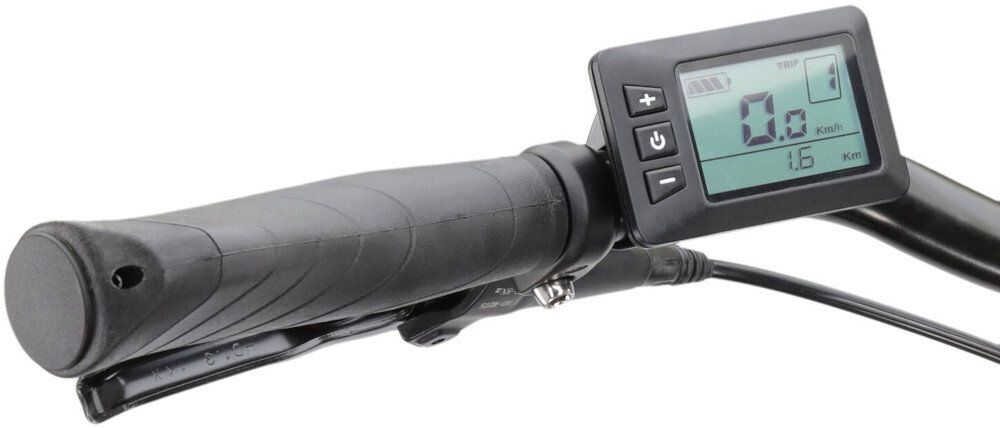 Rower elektryczny KROSS Trans Hybrid LS 2.0 U18 28 cali Szary manetka na białym tle zbliżenie na wyświetlacz aluminiowa kierownica manetki pokryte antypoślizgowym materiałem pewny chwyt komputer pokładowy monitorowanie kluczowych parametrów dzwonek