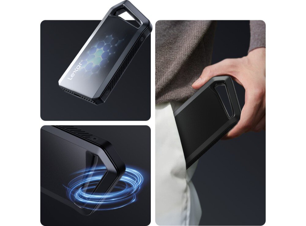 Dysk LEXAR SL600 Kolaż trzech zdjęć pokazujących detale dysku: strukturę wewnętrznego chłodzenia, zbliżenie na zaokrąglony narożnik z uchwytem oraz dłoń chowającą urządzenie do kieszeni spodni