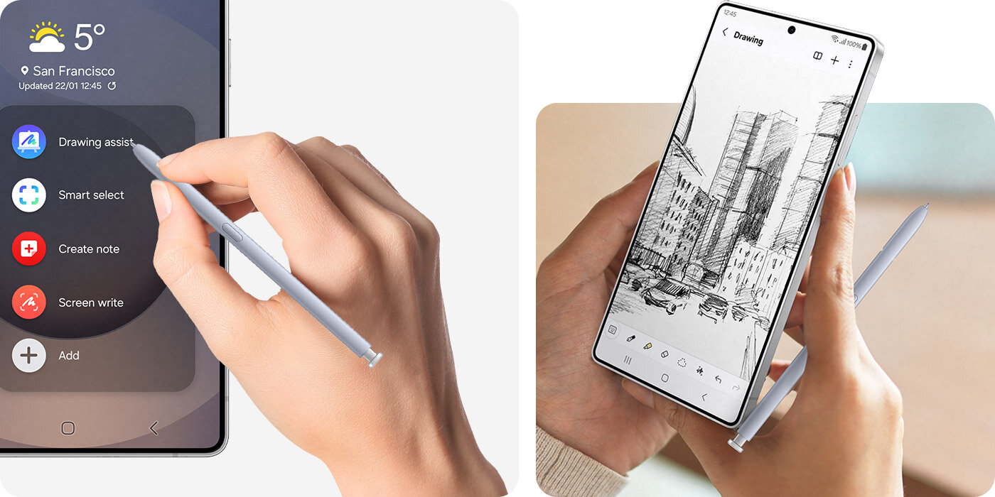 Rysik S Pen jest pokazany dwa razy, w obu przypadkach używany przez osobę trzymającą smartfon Galaxy S25 Ultra lub rysującą na nim. Na jednej z ilustracji końcówka rysika S Pen znajduje się na ekranie Air Command.