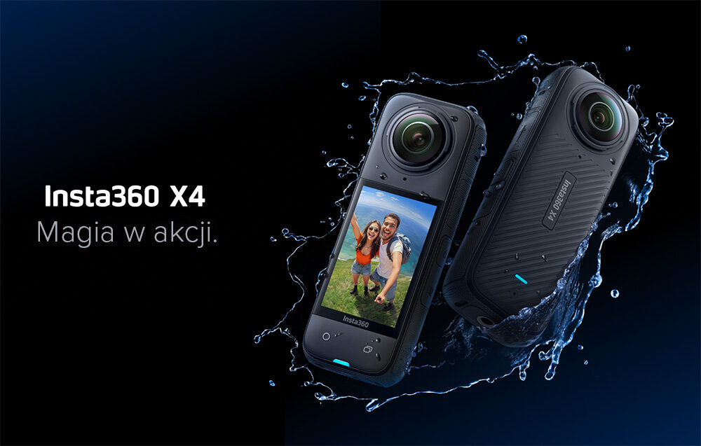 Kamera sportowa INSTA360 X4, bateria Insta360 X4 kamera na ciemnym tle przygody monitorowanie