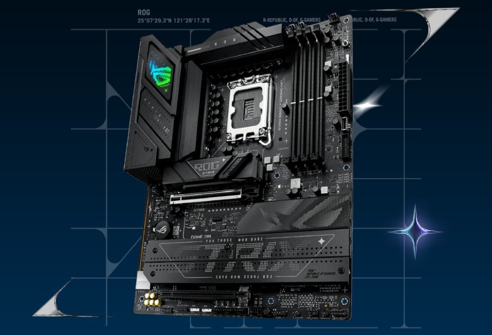 Płyta główna ASUS ROG STRIX B860-F Gaming WIFI Widok z góry na gniazdo procesora i radiatory sekcji zasilania na tle z niebieską siatką