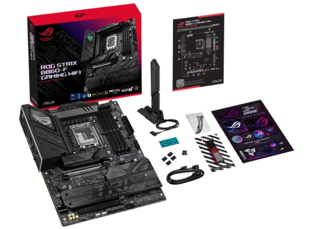 Płyta główna ASUS ROG STRIX B860-F Gaming WIFI Płyta główna pokazana obok pudełka, anteny WiFi, instrukcji, kabli i zestawu naklejek