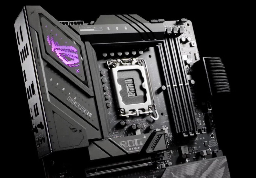 Płyta główna ASUS ROG STRIX B860-F Gaming WIFI Osłona portów wejścia i wyjścia z fioletowym podświetleniem logotypu na czarnym tle