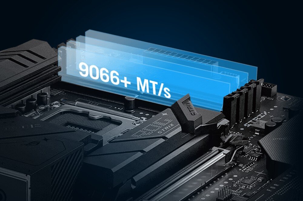 Płyta główna ASUS ROG STRIX B860-F Gaming WIFI Cztery gniazda pamięci operacyjnej z nałożoną grafiką informującą o obsłudze prędkości powyżej 9066 megatransferów na sekundę