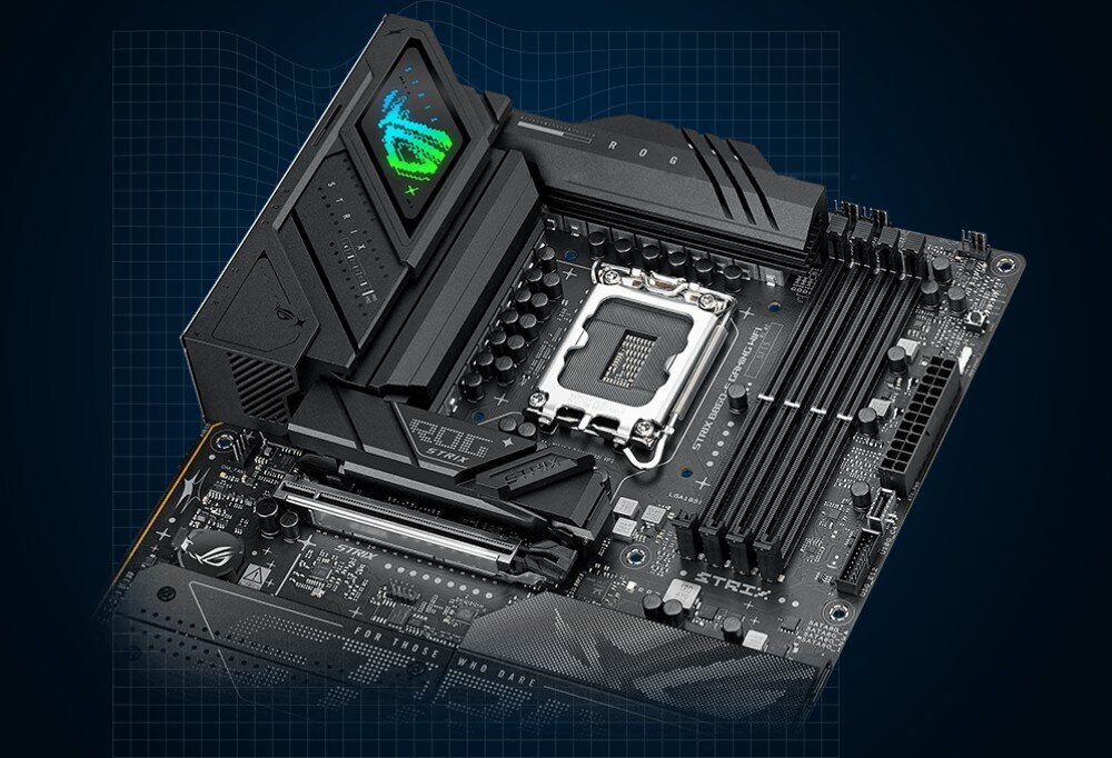 Płyta główna ASUS ROG STRIX B860-F Gaming WIFI Cała płyta główna zaprezentowana w orientacji pionowej na ciemnoniebieskim tle z motywem geometrycznych linii