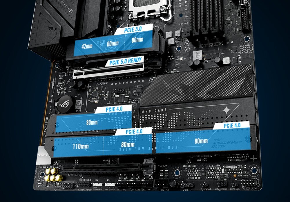Płyta główna ASUS ROG STRIX B860-F Gaming WIFI Zbliżenie na sloty PCIe i gniazda dysków M.2 z nałożonymi niebieskimi etykietami o specyfikacji technicznej