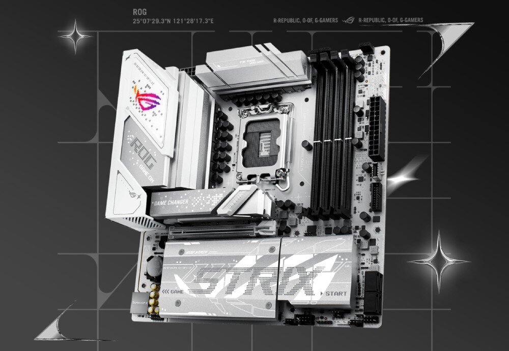 Płyta główna ASUS ROG Strix B860-G Gaming WiFi Płyta główna w kolorze białym z szarymi i srebrnymi akcentami, widoczny gniazdko procesora, sloty pamięci RAM, złącza PCIe oraz osłony z napisem 'STRIX' i podświetlonym logo ROG na tle geometrycznym, opis