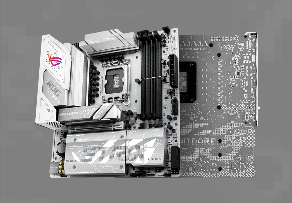Płyta główna ASUS ROG Strix B860-G Gaming WiFi Płyta główna w kolorze białym przedstawiona z przodu i od spodu, widoczne sloty RAM, gniazdo procesora oraz napisy 'STRIX' i 'DO DARE' na powierzchni PCB, wygląd, kolor, podświetlenie