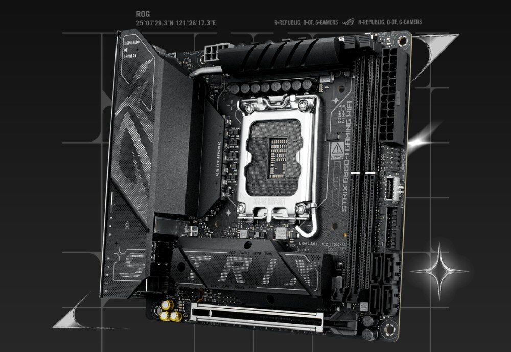 Płyta główna ASUS ROG Strix B860-I Gaming WiFi Widok ukośny z góry na płytę główną z dużym radiatorem VRM, gniazdem Socket 1851 i białym slotem PCIe na czarnym tle z grafiką siatki