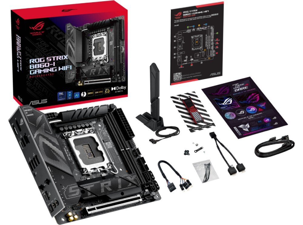 Płyta główna ASUS ROG Strix B860-I Gaming WiFi Zestaw zawartości opakowania płyty głównej ROG Strix B860-I Gaming WiFi z widoczną płytą, anteną WiFi, przewodami, naklejkami ROG Dare oraz czerwonym pudełkiem z grafiką produktu