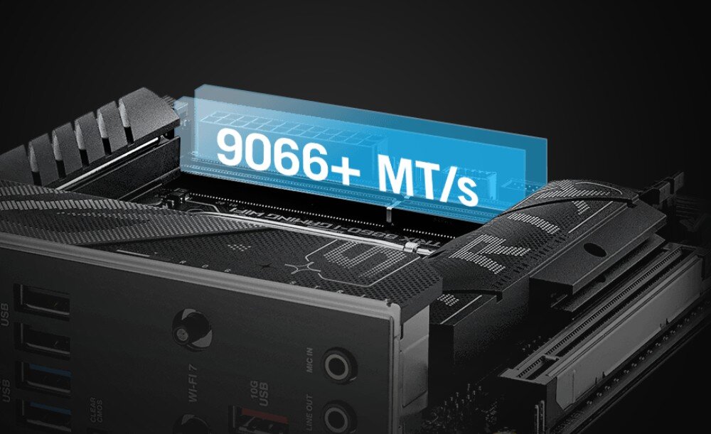 Płyta główna ASUS ROG Strix B860-I Gaming WiFi Zbliżenie na górną część płyty głównej z radiatorami VRM, gniazdem procesora i napisem '9066+ MT/s' na niebieskim panelu informacyjnym