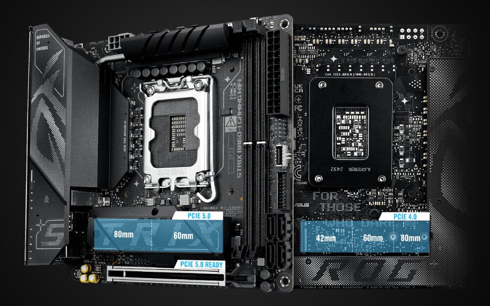 Płyta główna ASUS ROG Strix B860-I Gaming WiFi Widok od góry na całą płytę główną Mini-ITX z oznaczeniami slotów PCIe 5.0, wymiarami 80mm i 60mm oraz napisem 'FOR THOSE WHO DARE'