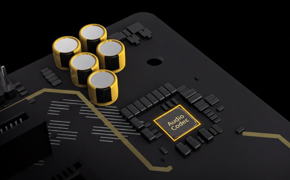 Płyta główna ASUS TUF Gaming B860M Plus WiFi Zbliżenie na układ scalony z napisem 'Audio Codec' umieszczony na laminacie w sąsiedztwie walcowatych kondensatorów dźwiękowych