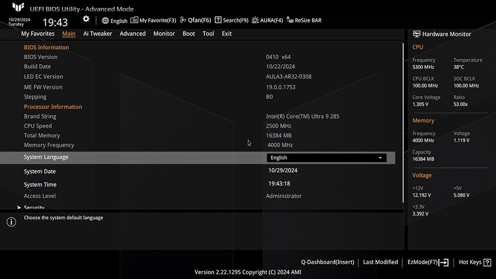 Płyta główna ASUS TUF Gaming B860M Plus WiFi Zrzut ekranu przedstawiający interfejs systemu BIOS w trybie zaawansowanym z parametrami pracy procesora i pamięci