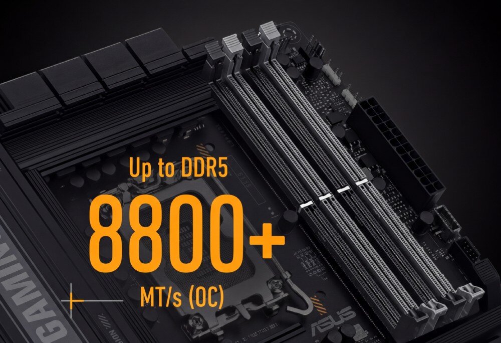 Płyta główna ASUS TUF Gaming B860M Plus WiFi Zbliżenie na banki pamięci RAM z widocznym napisem 'Up to DDR5 8800+ MT/s (OC)' dotyczącym prędkości