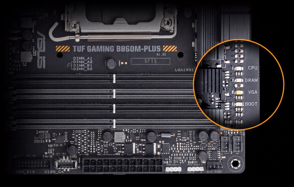 Płyta główna ASUS TUF Gaming B860M Plus Zbliżenie na fragment laminatu z diodami kontrolnymi stanu pracy komponentów podpisanymi jako 'CPU', 'DRAM', 'VGA' oraz 'BOOT'