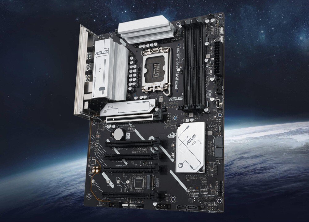 Płyta główna ASUS Prime B860-Plus WiFi Płyta główna w formacie ATX ukazana pod kątem na tle grafiki przedstawiającej planetę i przestrzeń kosmiczną