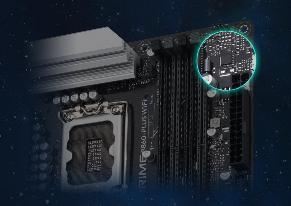 Płyta główna ASUS Prime B860-Plus WiFi Detal górnej części płyty głównej z lupą wskazującą na drobne komponenty elektroniczne obok gniazd zasilania i slotów pamięci