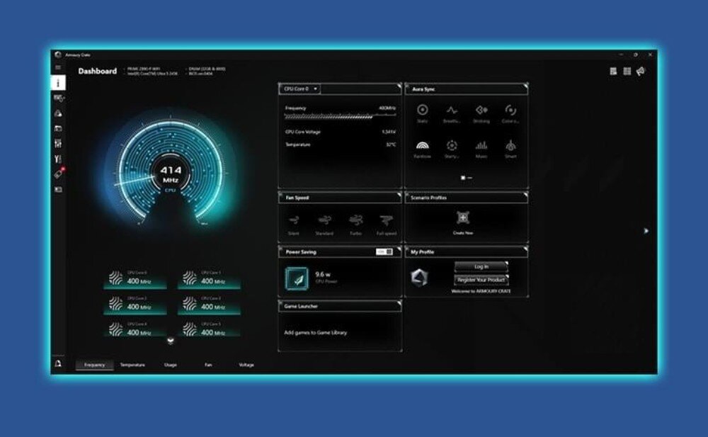 Płyta główna ASUS Prime B860-Plus WiFi Zrzut ekranu z czarnego interfejsu oprogramowania Dashboard pokazującego parametry pracy procesora, prędkości wentylatorów i ustawienia podświetlenia