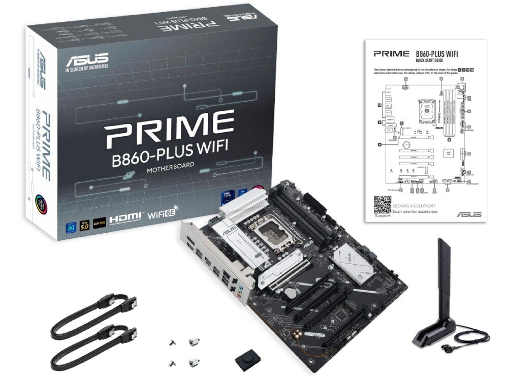 Płyta główna ASUS Prime B860-Plus WiFi Zestawienie produktu zawierające pudełko, płytę główną, instrukcję szybkiego startu, kable SATA, śrubki montażowe oraz antenę Wi-Fi na białym tle