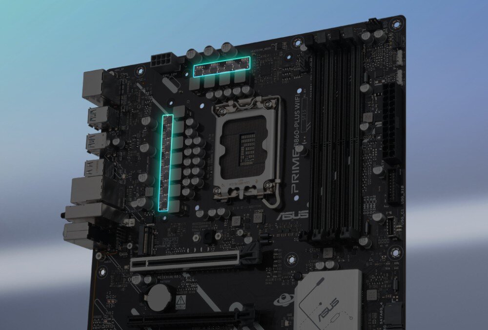 Płyta główna ASUS Prime B860-Plus WiFi Zbliżenie na czarną płytę główną z podświetlonymi na jasny błękit sekcjami zasilania wokół gniazda procesora