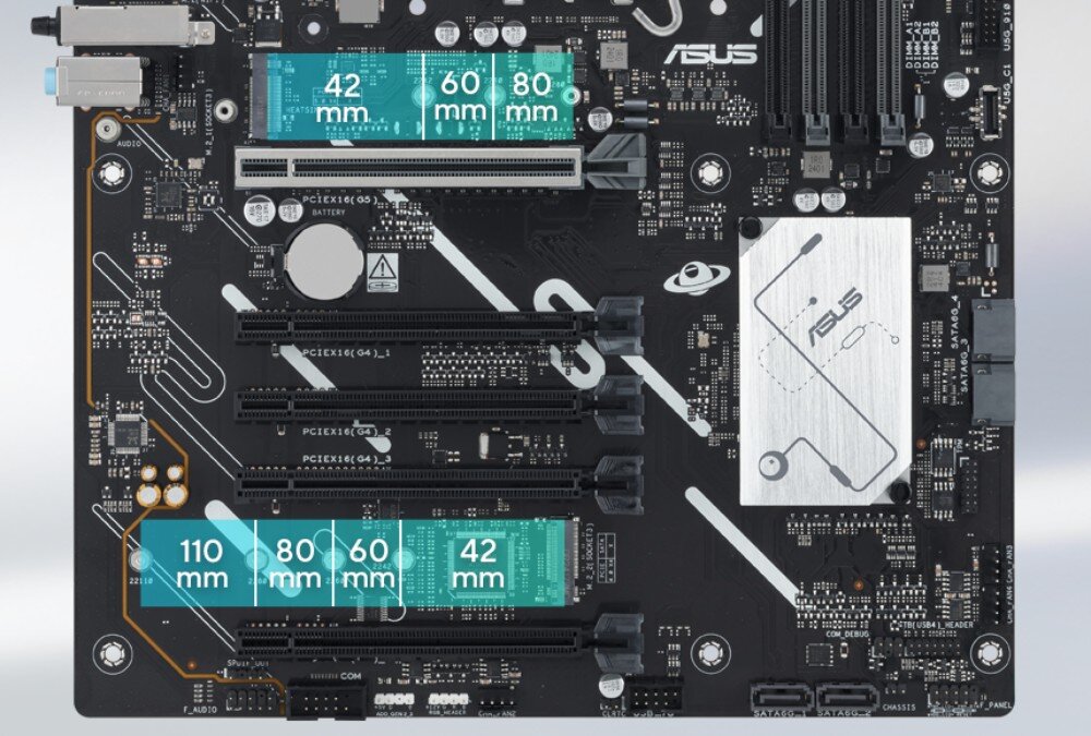Płyta główna ASUS Prime B860-Plus WiFi Dolna część płyty głównej z zaznaczonymi na błękitno miejscami montażowymi dla dysków M.2 o różnych długościach od 42 mm do 110 mm