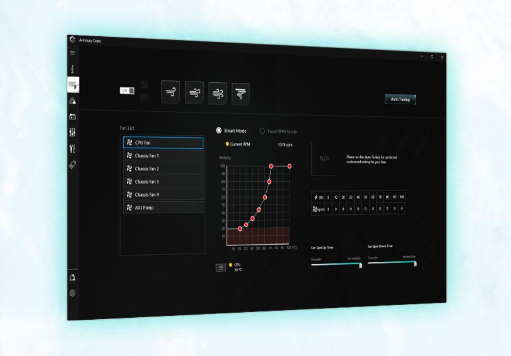 Płyta główna ASUS Prime B860-Plus WiFi Zrzut ekranu z aplikacji do zarządzania systemem, pokazujący wykres krzywej wentylatorów i panel sterowania chłodzeniem