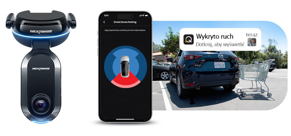 Wideorejestrator NEXTBASE IQ Funkcja SmartSense inteligentnych czujników wykryje, nagra wideo i wyśle powiadomienie gdy ktoś uderzy w Twój samochód podejrzane osoby zaczną kręcić się przy aucie