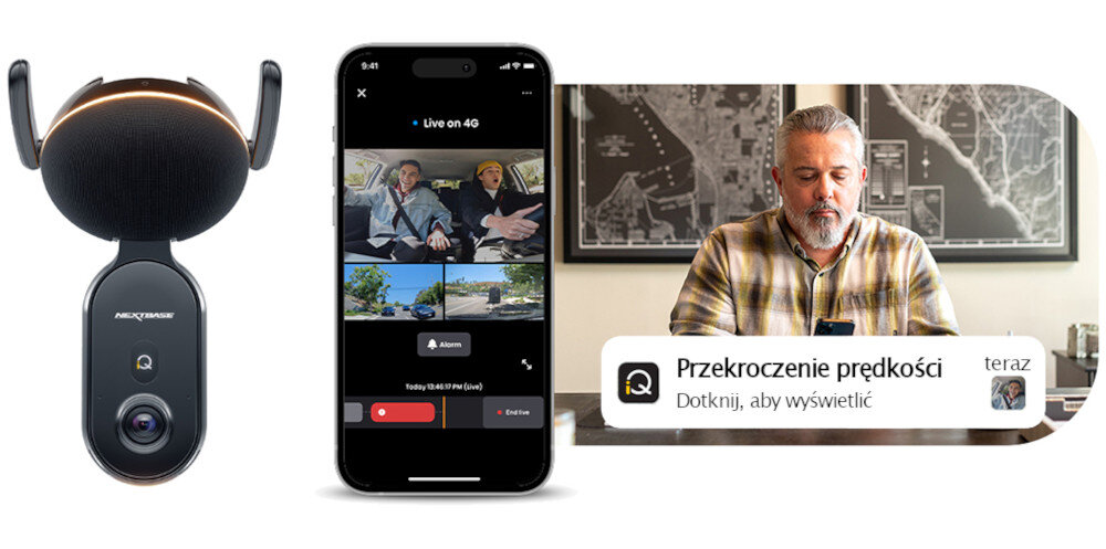 Wideorejestrator NEXTBASE IQ Tryb stróża przekroczenie prędkości gwałtowne przyspieszanie hamowanie wyjechanie poza wyznaczony obszar Tryb stróża