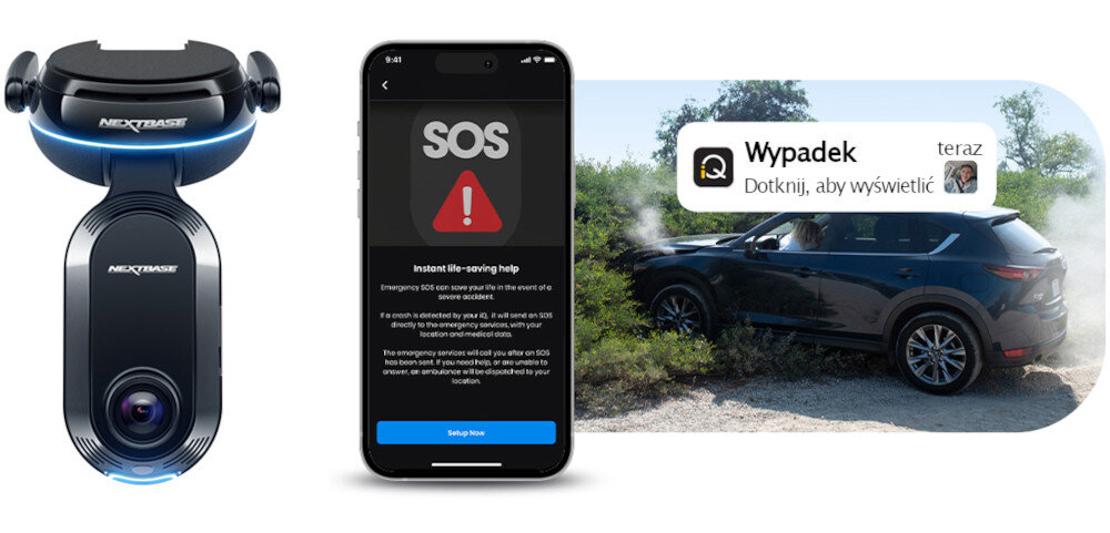 Wideorejestrator NEXTBASE IQ wykryje wypadek alerty służby ratunkowe Twojej lokalizacji dane medyczne grupa krwi, alergie czy historia leczenia