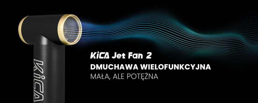 Dmuchawa wielofunkcyjna KiCA Jetfan 2 Kit Czarna poręczny gadżet ciemne tło czarna dmuchawa złote elementy niebieski strumień wydostający się z urządzenia  