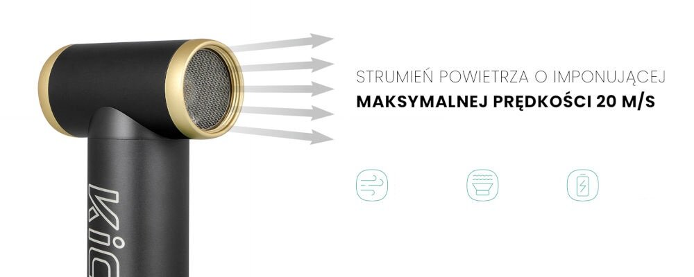 Dmuchawa wielofunkcyjna KiCA Jetfan 2 Kit Czarna białe tło czarna dmuchawa złote elementy strzałki wydostające się z dmuchawy Bezszczotkowy silnik 101 tysięcy obrotów na minutę strumień powietrza o prędkości 20 m/s do usuwania kurzu z trudno dostępnych miejsc regulacja mocy za pomocą suwaka dostosowanie działania urządzenia waży jedynie 302 gramy w kieszeni w plecaku