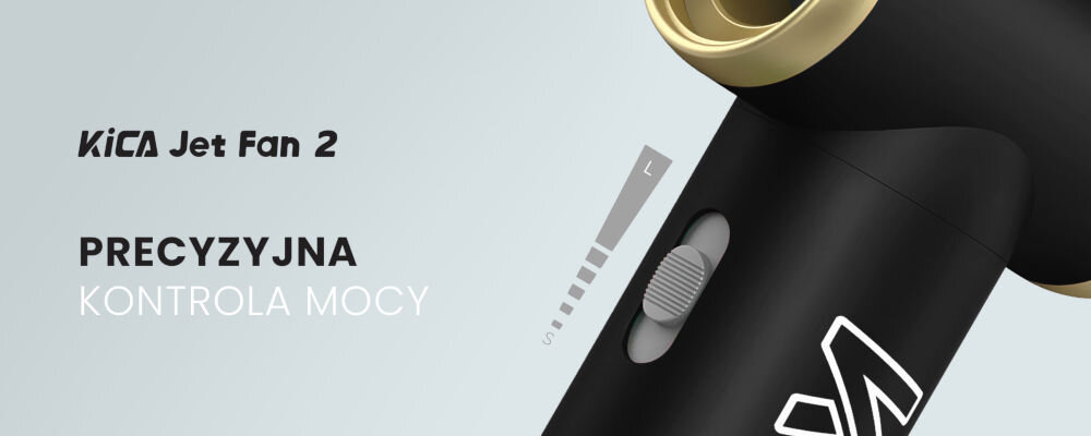 Dmuchawa wielofunkcyjna KiCA Jetfan 2 Kit Czarna szare tło czarna obudowa złote elementy szary suwak wszechstronny gadżet do czyszczenia trudno dostępnych miejsc w tworzeniu spektakularnych efektów wizualnych ożywiać sesje zdjęciowe i filmowe  podczas kreatywnych zabaw puszczanie baniek przesuwanie lekkich przedmiotów pasja kreatywność  