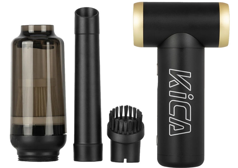 Dmuchawa wielofunkcyjna KiCA Jetfan 2 Kit Czarna czarna dmuchawa złote elementy zbiornik końcówka szczotka wydajne urządzenie do 4,5 godziny pracy wbudowany akumulator o pojemności 1100 mAh ładowanie przez port USB-C podłączenie do powerbanków pełne ładowanie około 3,5 godziny dioda LED informuje o stanie baterii funkcja automatycznego wyłączania po 3 minutach bezczynności funkcjonalność stylowy design