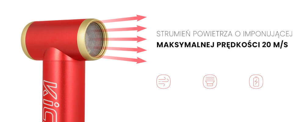 Dmuchawa wielofunkcyjna KiCA Jetfan 2 Kit Czerwona białe tło czerwona dmuchawa złote elementy strzałki wydostające się z dmuchawy Bezszczotkowy silnik 101 tysięcy obrotów na minutę strumień powietrza o prędkości 20 m/s do usuwania kurzu z trudno dostępnych miejsc regulacja mocy za pomocą suwaka dostosowanie działania urządzenia waży jedynie 302 gramy w kieszeni w plecaku