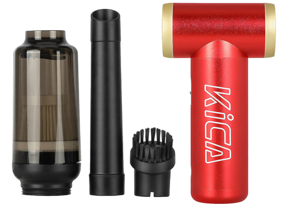 Dmuchawa wielofunkcyjna KiCA Jetfan 2 Kit Czerwona białe tło czerwona dmuchawa złote elementy końcówka odkurzająca zbiornik szczotka odkurzanie klawiatury głowica odkurzająca kompaktowe wszechstronne urządzenie czyszczenie elektroniki klawiatury portów wrażliwych powierzchni filtr zatrzymuje zanieczyszczenia dodatkowa szczotka intuicyjne i wygodne opróżnianie zbiornika 50 ml szybki i efektywny proces 