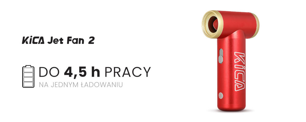 Dmuchawa wielofunkcyjna KiCA Jetfan 2 Kit Czerwona białe tło czerwona dmuchawa złote elementy szary suwak wydajne urządzenie do 4,5 godziny pracy wbudowany akumulator o pojemności 1100 mAh ładowanie przez port USB-C podłączenie do powerbanków pełne ładowanie około 3,5 godziny dioda LED informuje o stanie baterii funkcja automatycznego wyłączania po 3 minutach bezczynności funkcjonalność stylowy design
