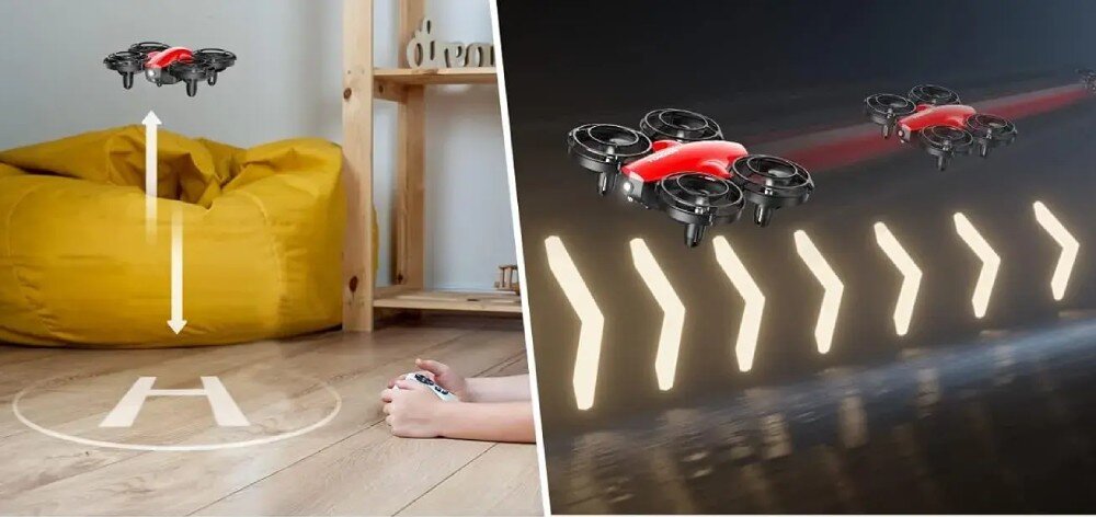 Dron EXTRALINK A24 Zestawienie dwóch ujęć pokazujących urządzenie podczas pionowego startu z podłogi oraz dwa drony lecące obok siebie nad rzędem świecących znaków na ciemnym tle