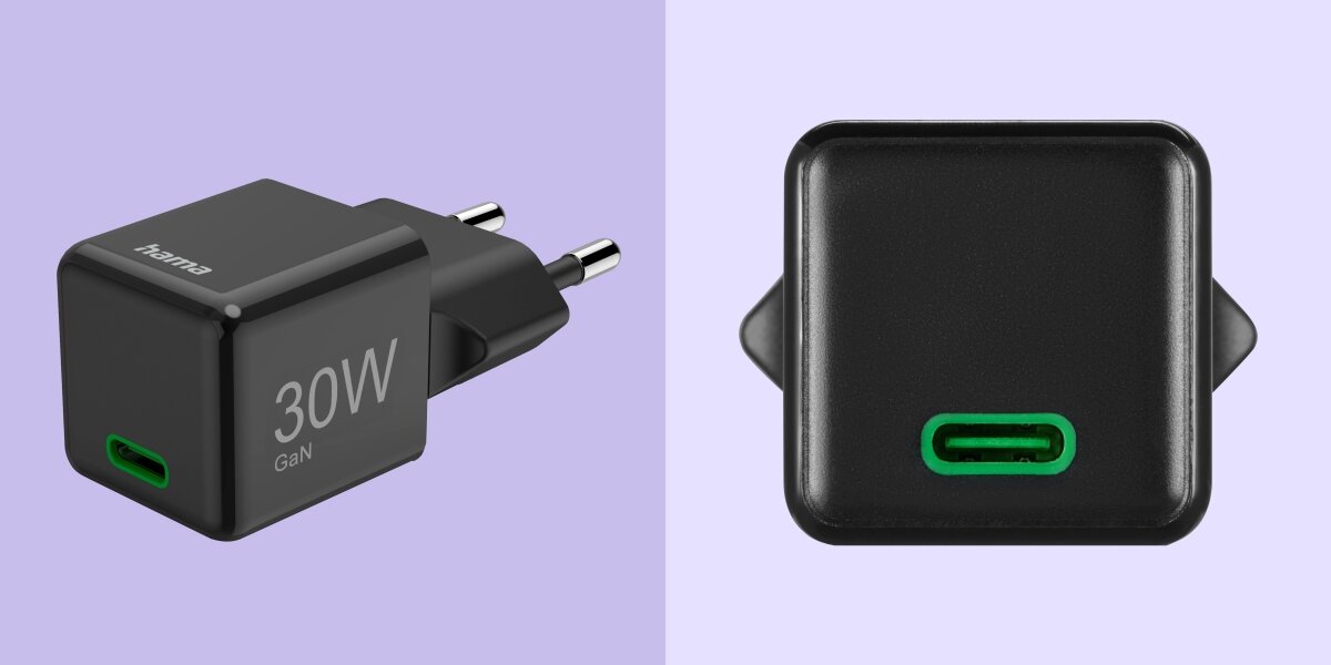 Ładowarka sieciowa HAMA SuperMini GaN PD/QC 30W Czarny zblizenie na port USB-C ładowarki
