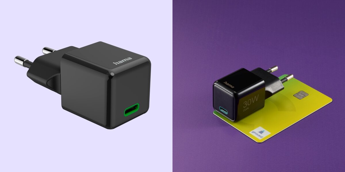 Ładowarka sieciowa HAMA SuperMini GaN PD/QC 30W Czarny ładowarka położona na karcie kredytowej ładowarka jest mniejsza niż karta